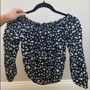 Off the shoulder long sleeve blue floral print top